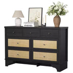 Commode à 7 tiroirs pour chambre à coucher, commode large en rotin naturel de 120 cm, organisateur de rangement de vêtements en bois de style bohème, meuble TV