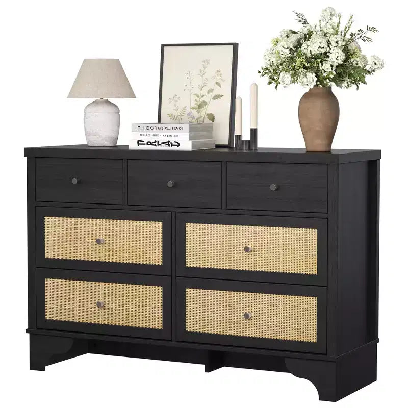 Commode à 7 tiroirs pour chambre à coucher, commode large en rotin naturel de 120 cm, organisateur de rangement de vêtements en bois de style bohème, meuble TV