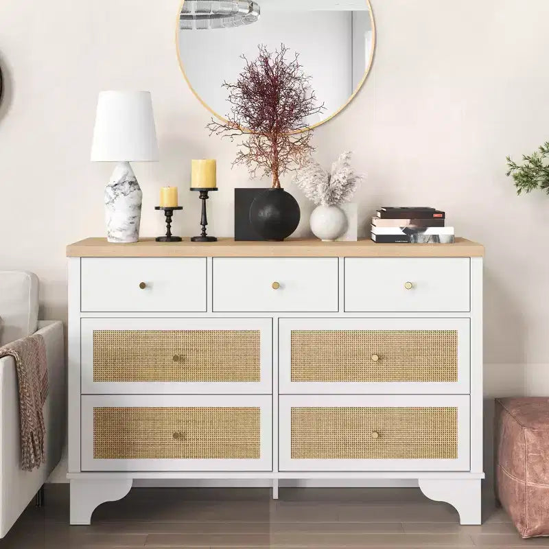 Commode à 7 tiroirs pour chambre à coucher, commode large en rotin naturel de 120 cm, organisateur de rangement de vêtements en bois de style bohème, meuble TV
