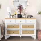 Commode à 7 tiroirs pour chambre à coucher, commode large en rotin naturel de 120 cm, organisateur de rangement de vêtements en bois de style bohème, meuble TV