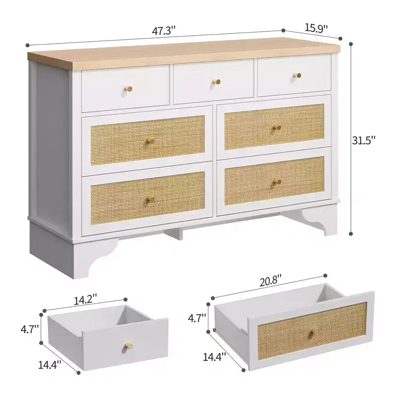 Commode à 7 tiroirs pour chambre à coucher, commode large en rotin naturel de 120 cm, organisateur de rangement de vêtements en bois de style bohème, meuble TV