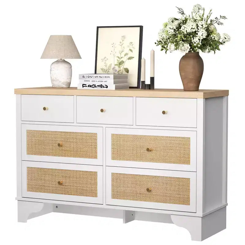 Commode à 7 tiroirs pour chambre à coucher, commode large en rotin naturel de 120 cm, organisateur de rangement de vêtements en bois de style bohème, meuble TV