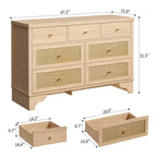 Commode à 7 tiroirs pour chambre à coucher, commode large en rotin naturel de 120 cm, organisateur de rangement de vêtements en bois de style bohème, meuble TV