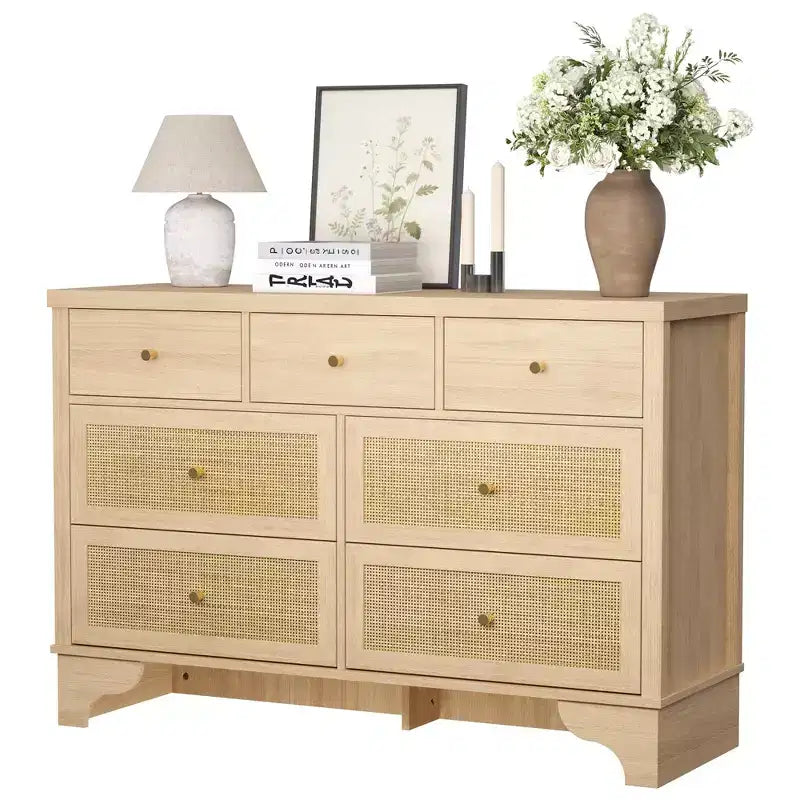 Commode à 7 tiroirs pour chambre à coucher, commode large en rotin naturel de 120 cm, organisateur de rangement de vêtements en bois de style bohème, meuble TV