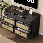 Commode à 7 tiroirs pour chambre à coucher, commode large en rotin naturel de 120 cm, organisateur de rangement de vêtements en bois de style bohème, meuble TV