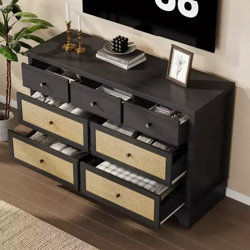 Commode à 7 tiroirs pour chambre à coucher, commode large en rotin naturel de 120 cm, organisateur de rangement de vêtements en bois de style bohème, meuble TV