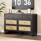 Commode à 7 tiroirs pour chambre à coucher, commode large en rotin naturel de 120 cm, organisateur de rangement de vêtements en bois de style bohème, meuble TV
