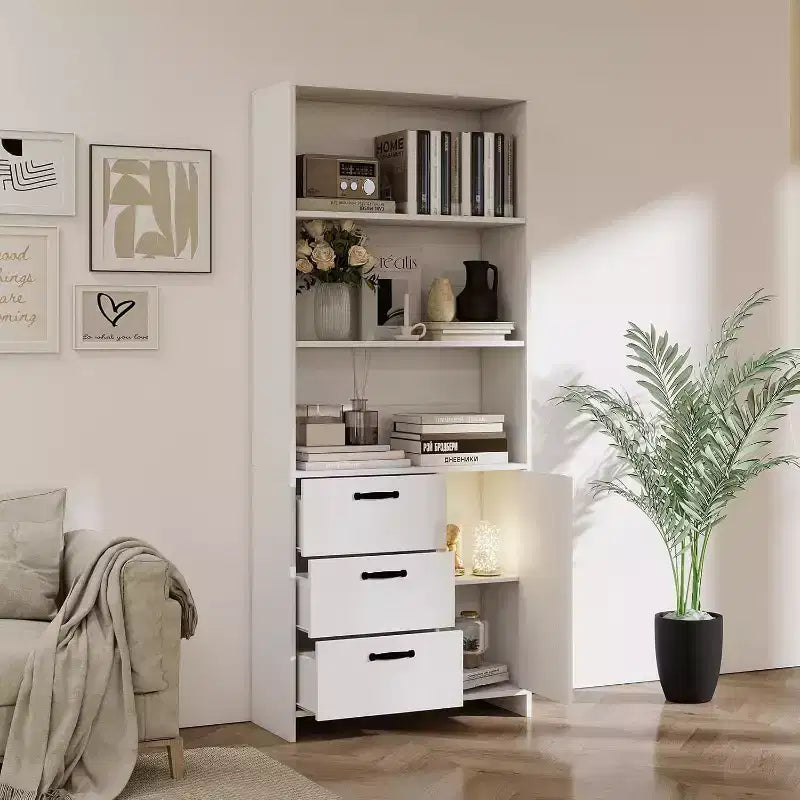 Bibliothèque à 6 niveaux, bibliothèque de 180 cm de haut avec 3 étagères, meuble de rangement avec portes et 3 tiroirs pour bureau à domicile, salon, chambre à coucher