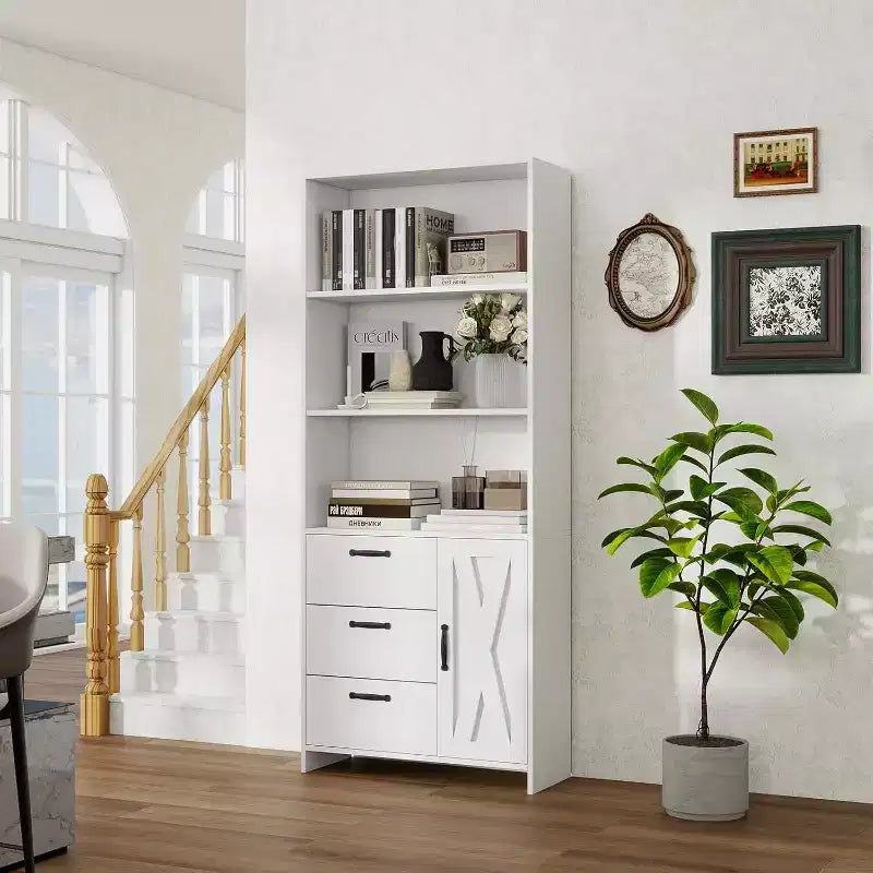 Bibliothèque à 6 niveaux, bibliothèque de 180 cm de haut avec 3 étagères, meuble de rangement avec portes et 3 tiroirs pour bureau à domicile, salon, chambre à coucher