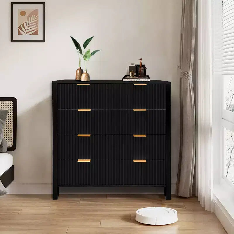 4-Drawer Tall Dresser with Fluted Design, Mid-Century Modern Chest of Drawers for Bedroom, Living Room, Hallway, Black Finish