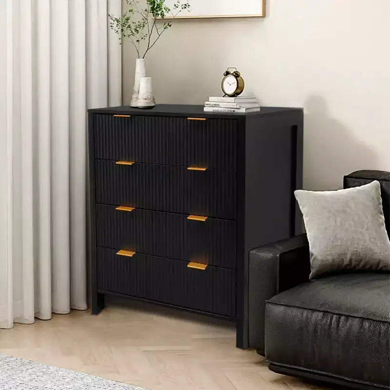 Commode haute à 4 tiroirs avec design cannelé, chiffonnier moderne du milieu du siècle pour chambre à coucher, salon, couloir, finition noire