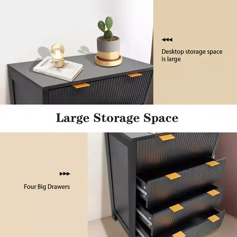 Commode haute à 4 tiroirs avec design cannelé, chiffonnier moderne du milieu du siècle pour chambre à coucher, salon, couloir, finition noire