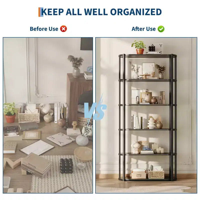 Étagère, bibliothèque à 6 niveaux, étagère d'angle de rangement de style industriel, autoportante, adaptée pour la chambre à coucher, le bureau à domicile, la cuisine, le salon