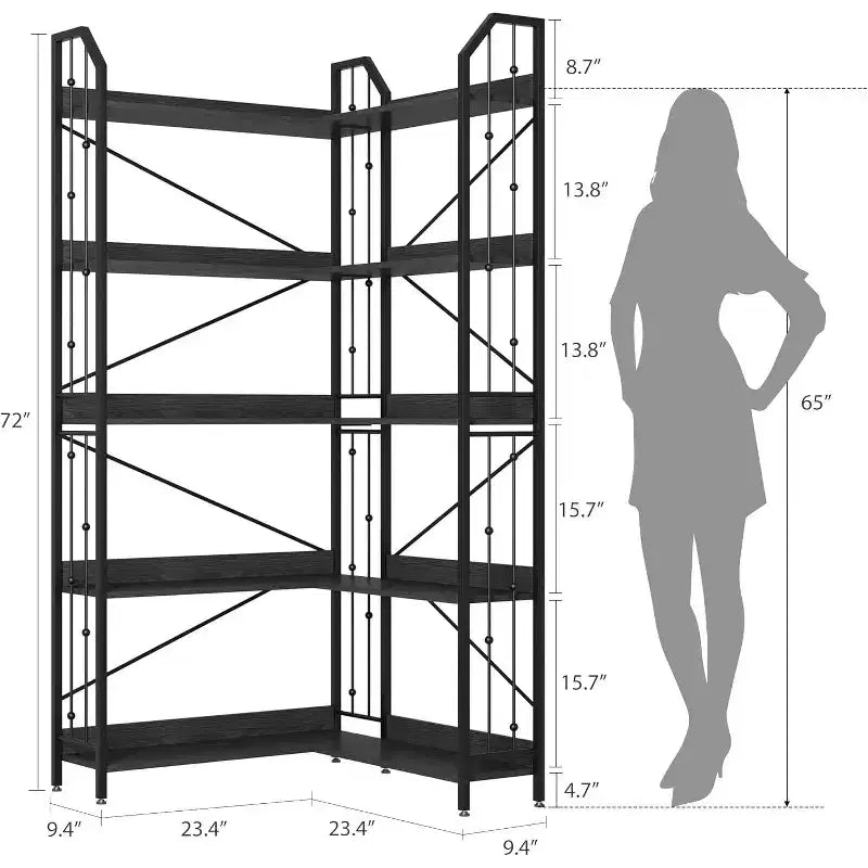 Étagère d'angle 72 - Bibliothèque en L, étagères d'angle industrielles - Bibliothèque en L à 5 niveaux, grandes bibliothèques avec design perlé