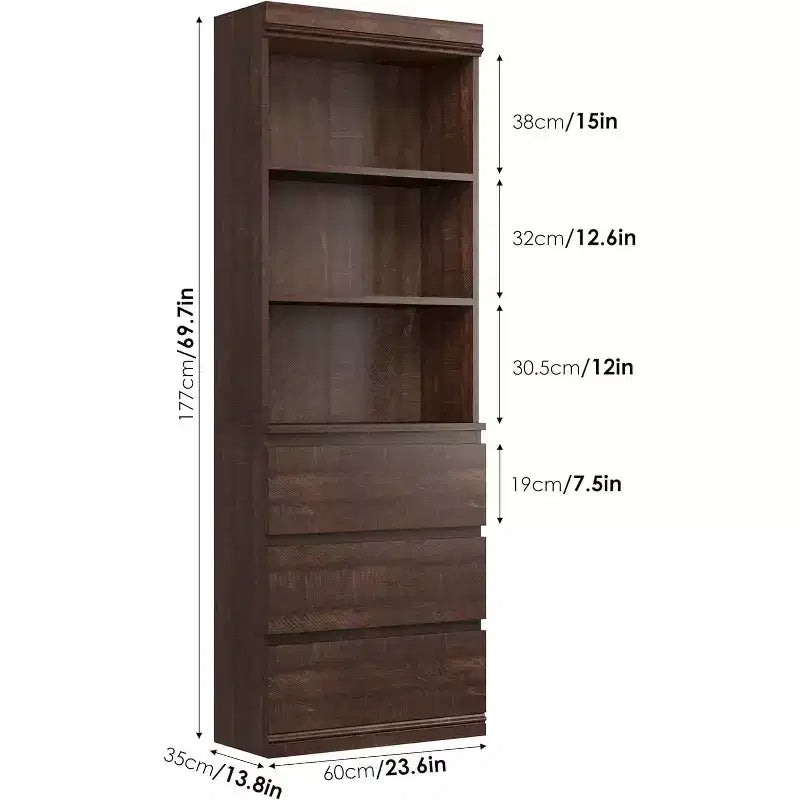 Bibliothèque de 70 pouces, meuble de rangement en bois avec trois tiroirs pour salon, bureau, cuisine, bureau à domicile