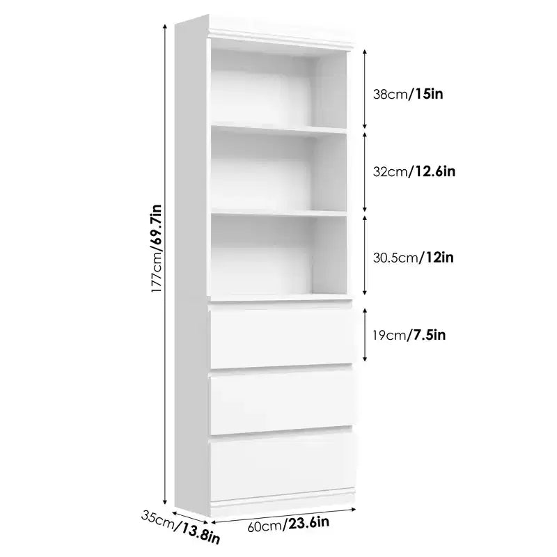 Bibliothèque de 70 pouces, meuble de rangement en bois avec trois tiroirs pour salon, bureau, cuisine, bureau à domicile
