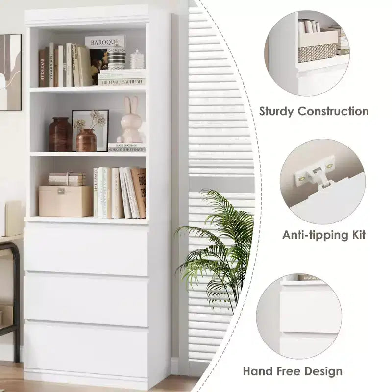 Bibliothèque de 70 pouces, meuble de rangement en bois avec trois tiroirs pour salon, bureau, cuisine, bureau à domicile