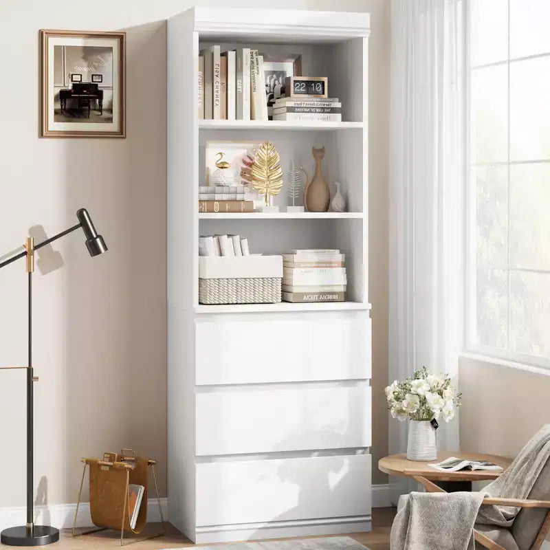 Bibliothèque de 70 pouces, meuble de rangement en bois avec trois tiroirs pour salon, bureau, cuisine, bureau à domicile