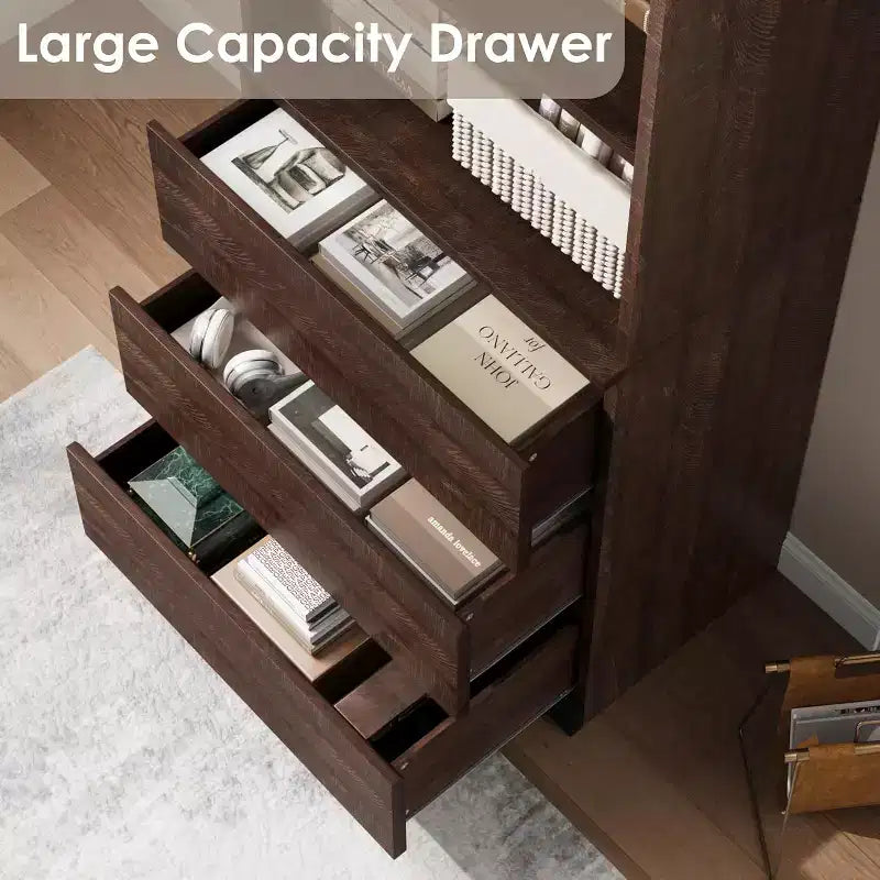 Bibliothèque de 70 pouces, meuble de rangement en bois avec trois tiroirs pour salon, bureau, cuisine, bureau à domicile