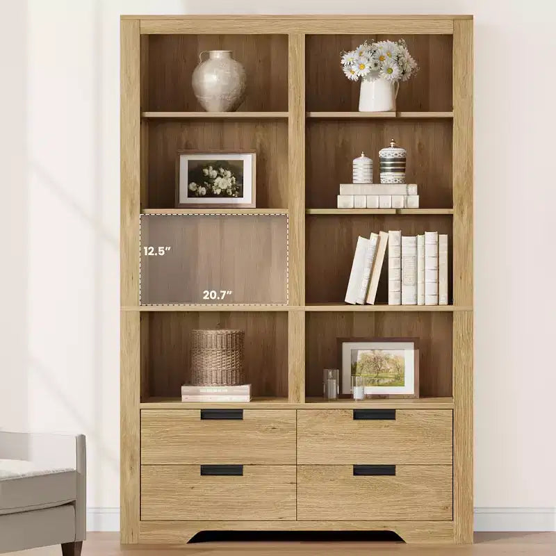 Bibliothèque haute de 72", bibliothèque double largeur à 4 niveaux avec 4 tiroirs, grande étagère ouverte autoportante, idéale pour le salon, le bureau, la bibliothèque