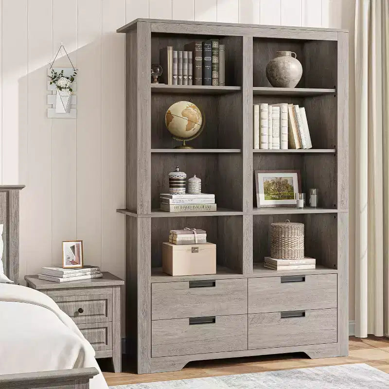 72 High Bookshelf, 4-Layer Double-Width Bookshelf With 4 Drawers, Large Freestanding Open Bookcase Suitable for Living Room, Office, Library