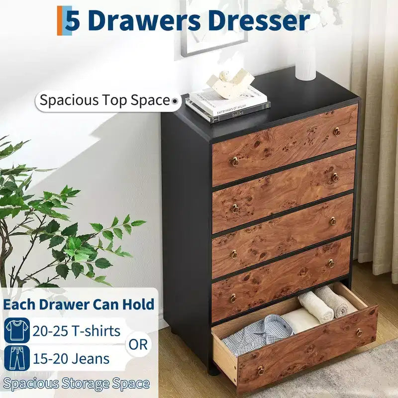Commode à 5 tiroirs pour chambre à coucher, commode haute en bois de 46 po avec poignées en métal, meuble TV robuste pour salon, organisateur de rangement pour placard