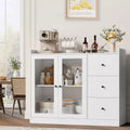 Coffee Bar Cabinet with LED Lights, 48 Modern Buffet Storage Cabinet with Glass Doors and Drawers