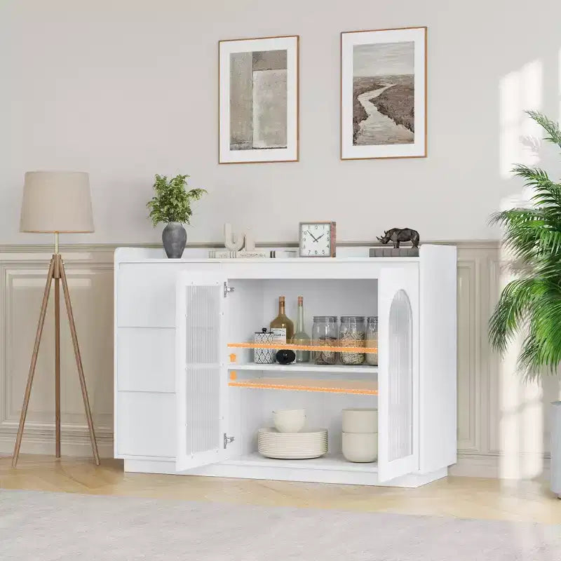 Meuble de bar à café avec lumières LED, buffet de rangement moderne de 48" avec portes en verre et tiroirs