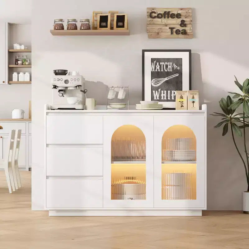 Meuble de bar à café avec lumières LED, buffet de rangement moderne de 48" avec portes en verre et tiroirs