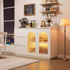Meuble de bar à café avec lumières LED, buffet de rangement moderne de 48" avec portes en verre et tiroirs