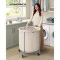 63.5-Gallon Rolling Laundry Hamper with 2 Compartments, Heavy-Duty Steel Frame Cart with Locking Wheels, Cream White and Silver