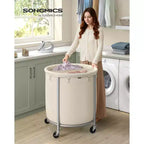 63.5-Gallon Rolling Laundry Hamper with 2 Compartments, Heavy-Duty Steel Frame Cart with Locking Wheels, Cream White and Silver