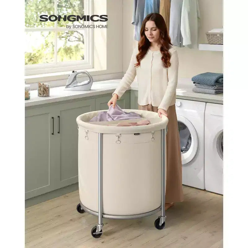 63.5-Gallon Rolling Laundry Hamper with 2 Compartments, Heavy-Duty Steel Frame Cart with Locking Wheels, Cream White and Silver