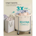 Panier à linge roulant de 240 litres avec 2 compartiments, chariot à cadre en acier robuste avec roulettes verrouillables, blanc crème et argent