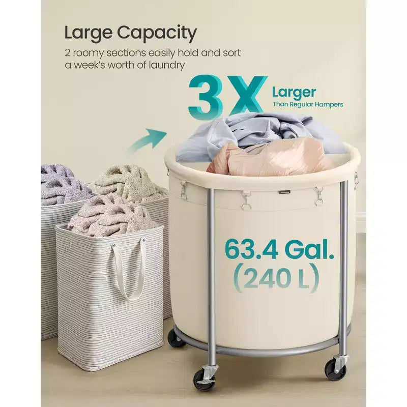 Panier à linge roulant de 240 litres avec 2 compartiments, chariot à cadre en acier robuste avec roulettes verrouillables, blanc crème et argent