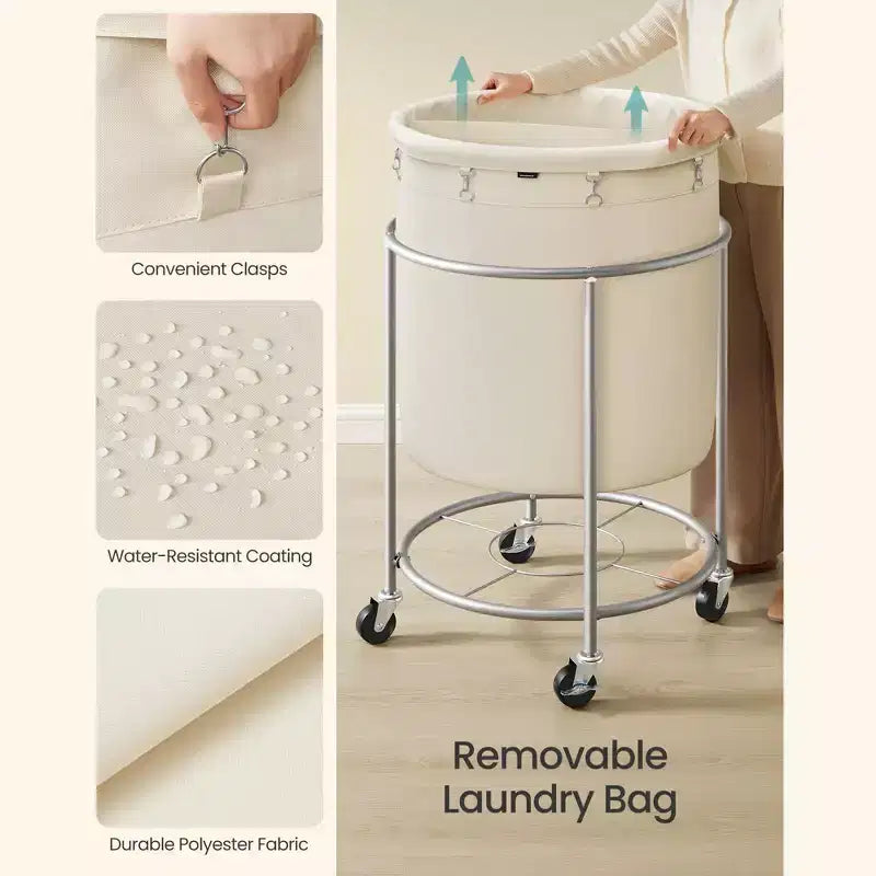 Panier à linge roulant de 240 litres avec 2 compartiments, chariot à cadre en acier robuste avec roulettes verrouillables, blanc crème et argent
