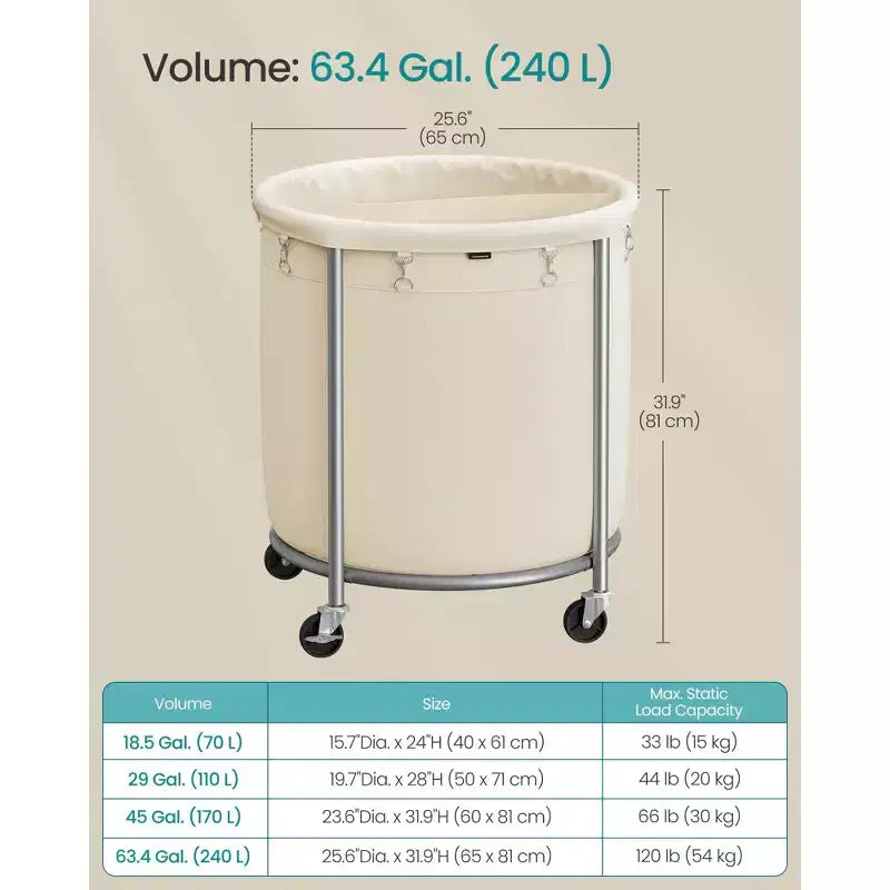 Panier à linge roulant de 240 litres avec 2 compartiments, chariot à cadre en acier robuste avec roulettes verrouillables, blanc crème et argent