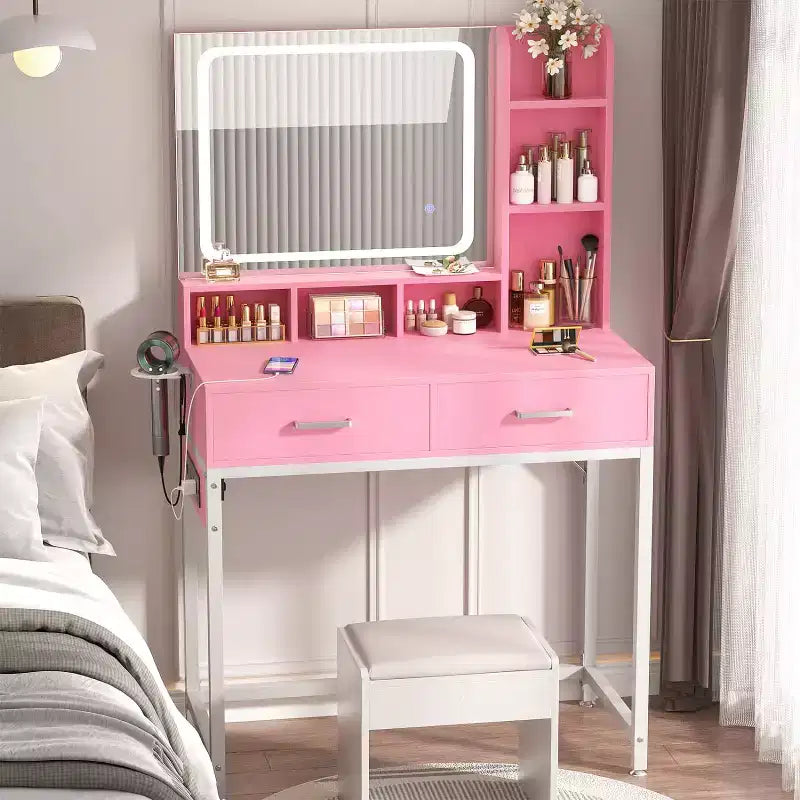 Besiost Coiffeuse avec miroir LED, table de maquillage avec station de charge