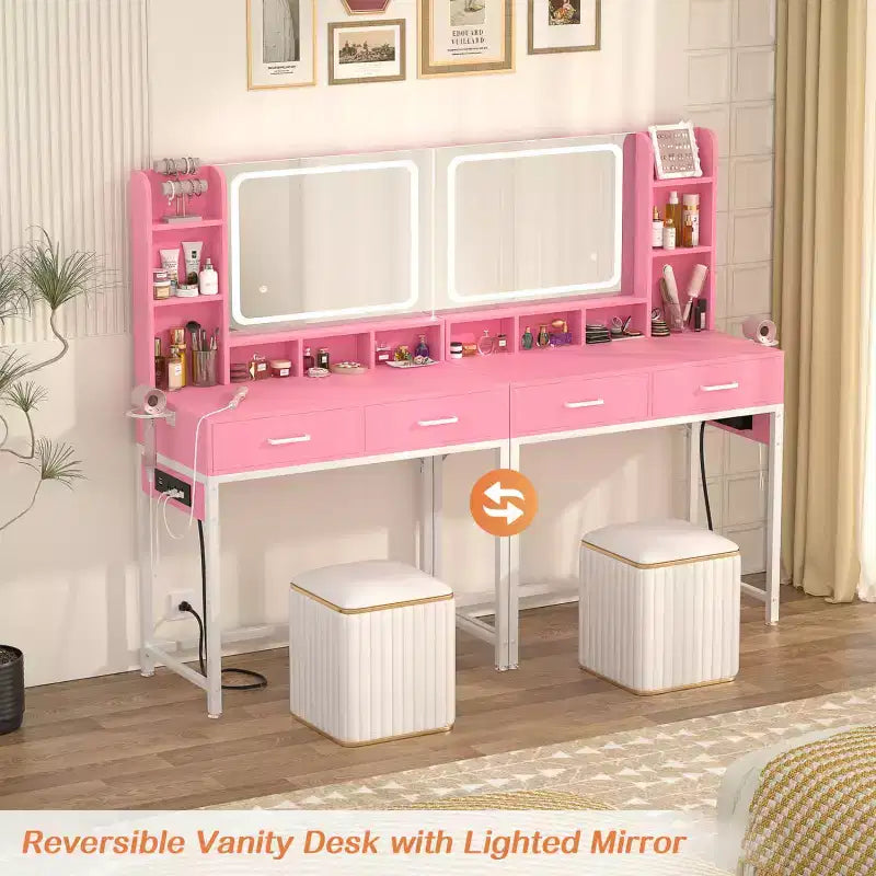 Besiost Coiffeuse avec miroir LED, table de maquillage avec station de charge