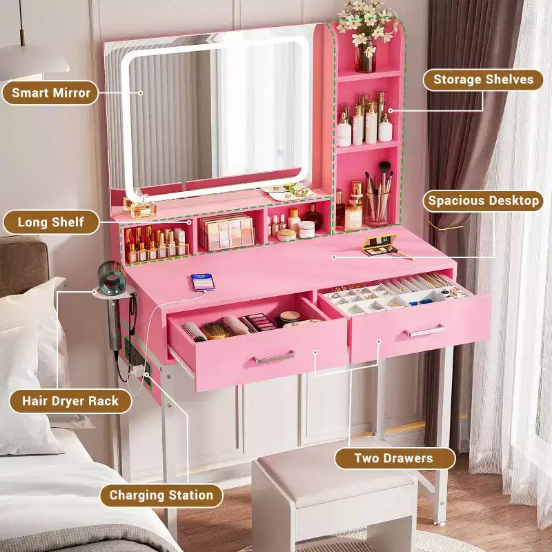 Besiost Coiffeuse avec miroir LED, table de maquillage avec station de charge
