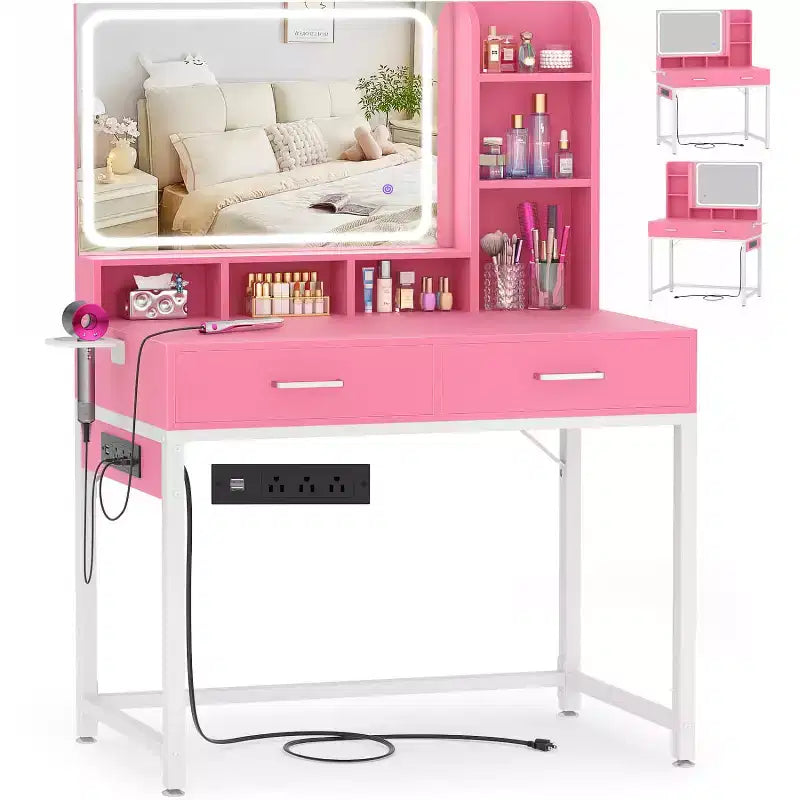 Besiost Coiffeuse avec miroir LED, table de maquillage avec station de charge
