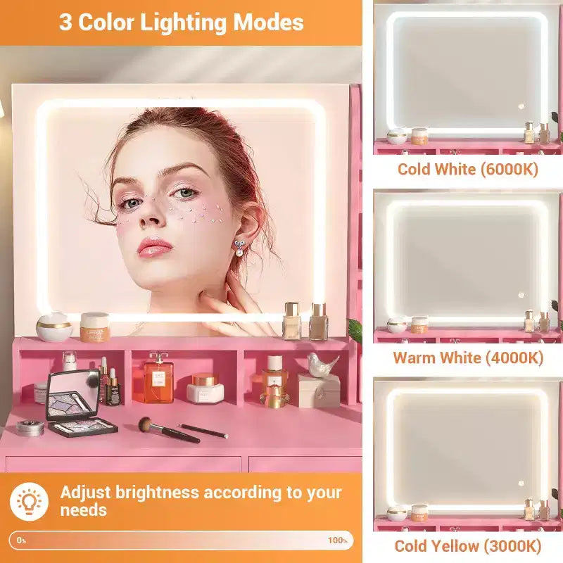 Besiost Coiffeuse avec miroir LED, table de maquillage avec station de charge