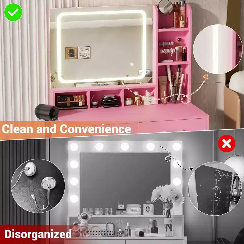 Besiost Coiffeuse avec miroir LED, table de maquillage avec station de charge