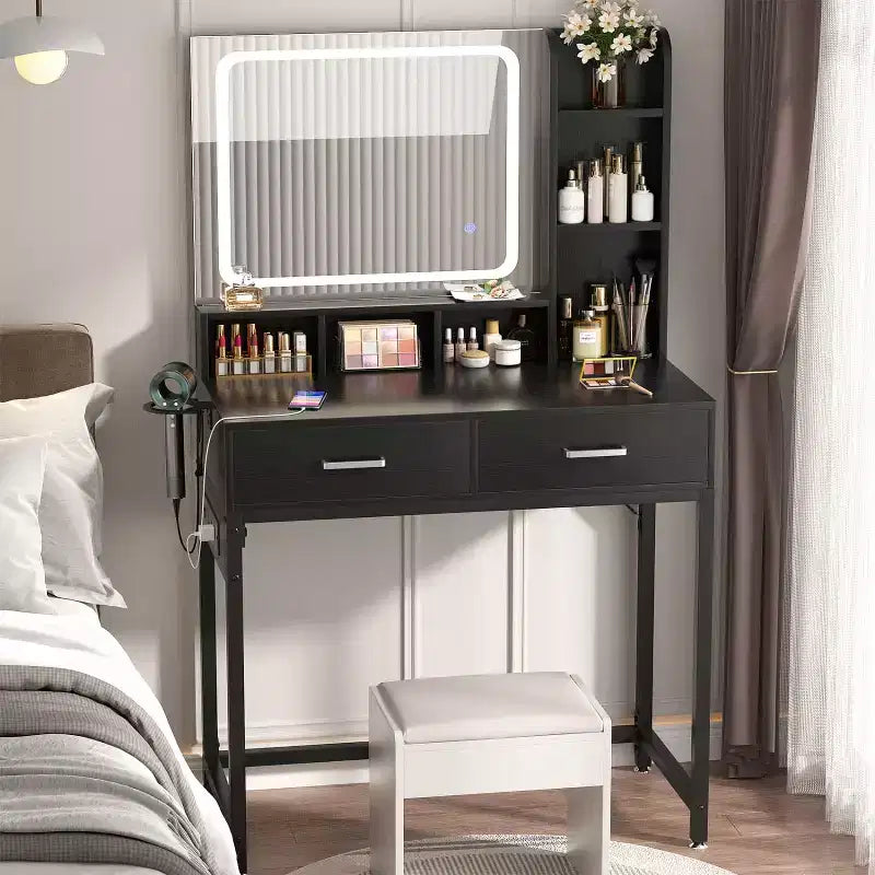 Besiost Coiffeuse avec miroir LED, table de maquillage avec station de charge