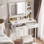 Besiost Coiffeuse avec miroir LED, table de maquillage avec station de charge