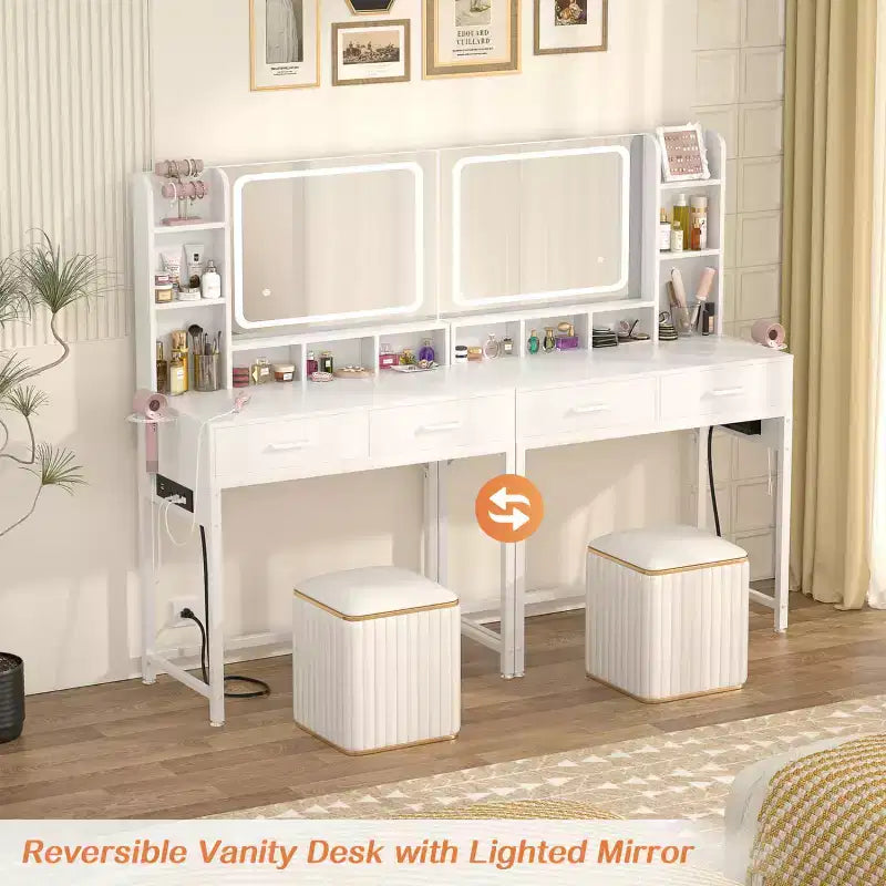 Besiost Coiffeuse avec miroir LED, table de maquillage avec station de charge