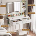 Besiost Coiffeuse avec miroir LED, table de maquillage avec station de charge