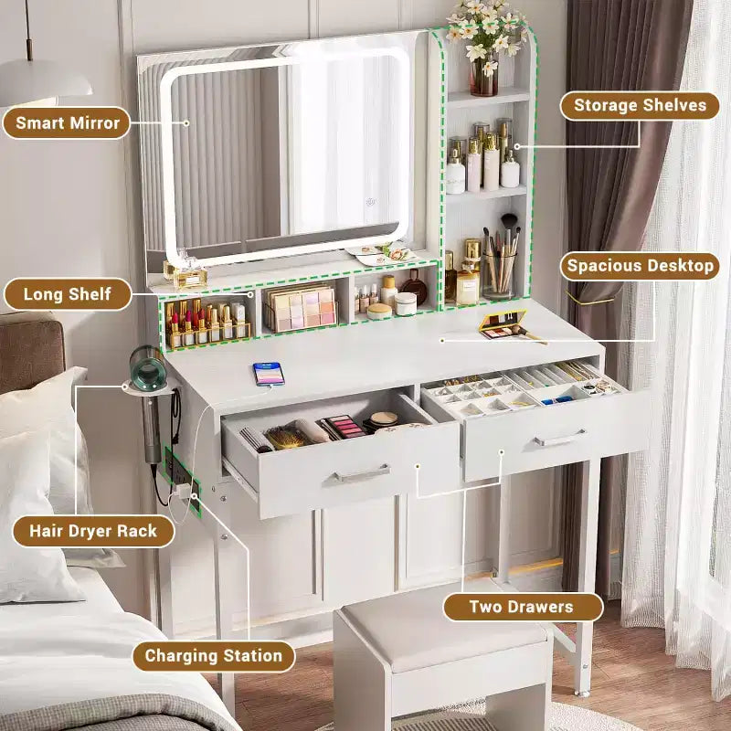 Besiost Coiffeuse avec miroir LED, table de maquillage avec station de charge