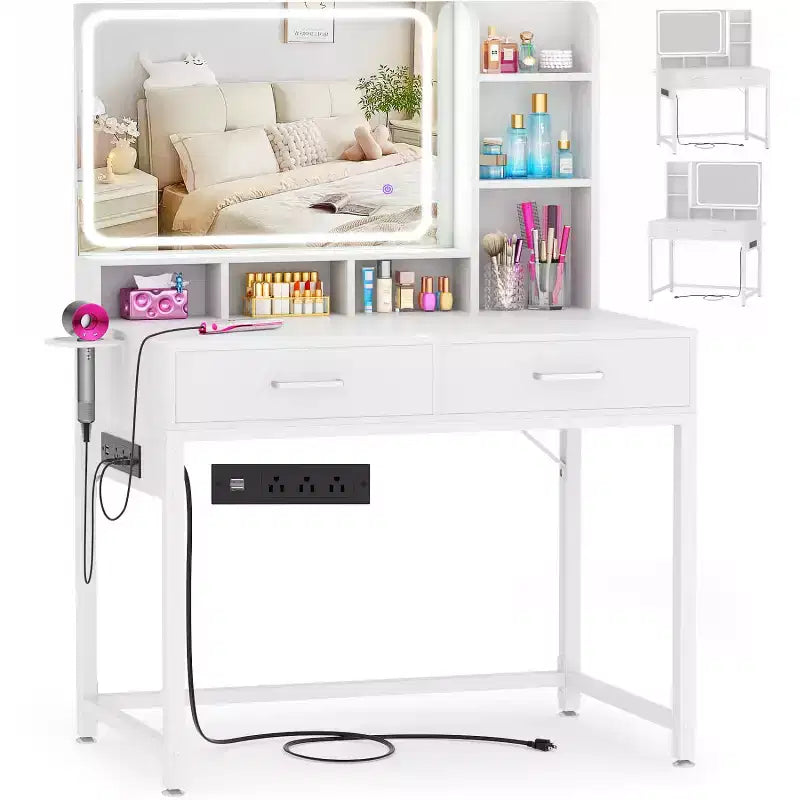 Besiost Coiffeuse avec miroir LED, table de maquillage avec station de charge