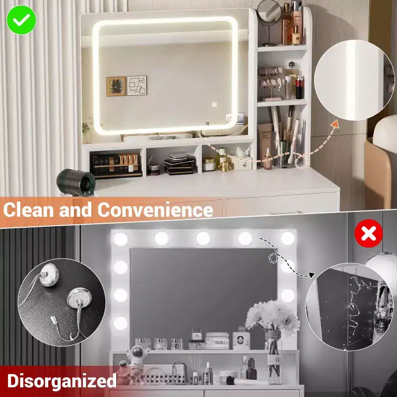 Besiost Coiffeuse avec miroir LED, table de maquillage avec station de charge